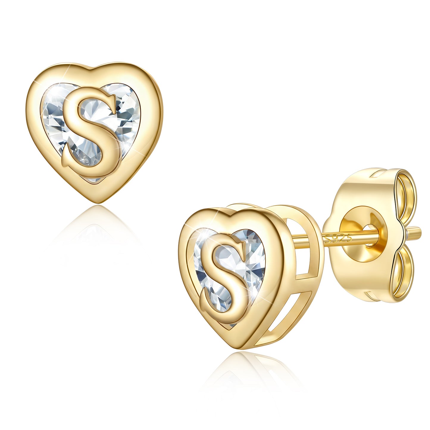 Heart Letter Initial S Cubic Zirconia Stud Earrings