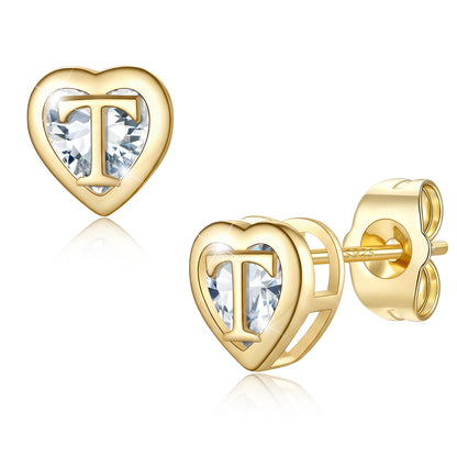 Heart Letter Initial T Cubic Zirconia Stud Earrings