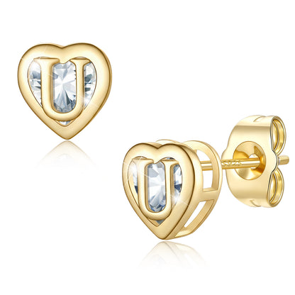 Heart Letter Initial U Cubic Zirconia Stud Earrings