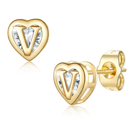 Heart Letter Initial V Cubic Zirconia Stud Earrings