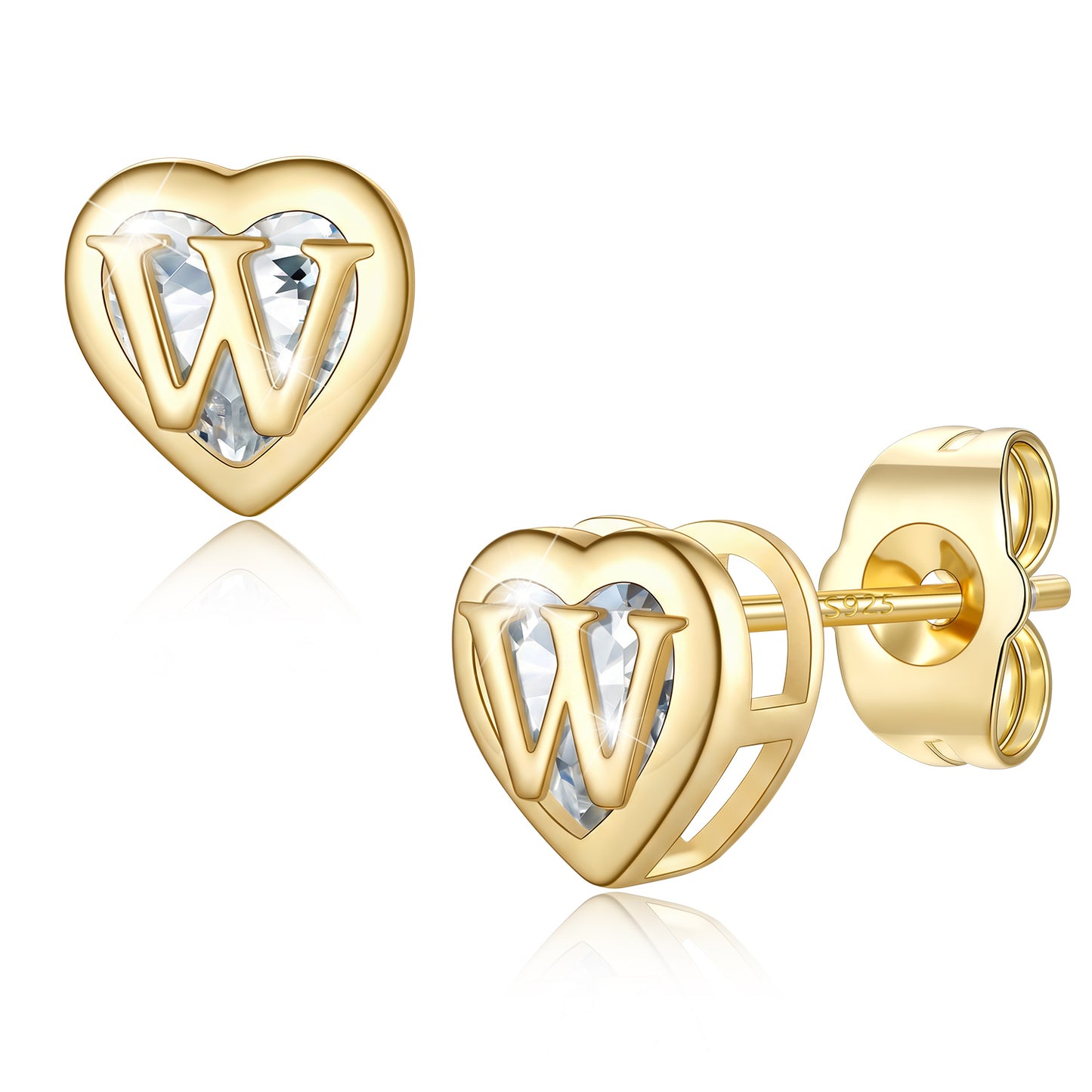 Heart Letter Initial W Cubic Zirconia Stud Earrings