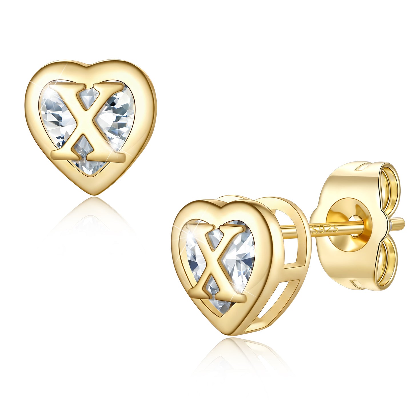 Heart Letter Initial X Cubic Zirconia Stud Earrings