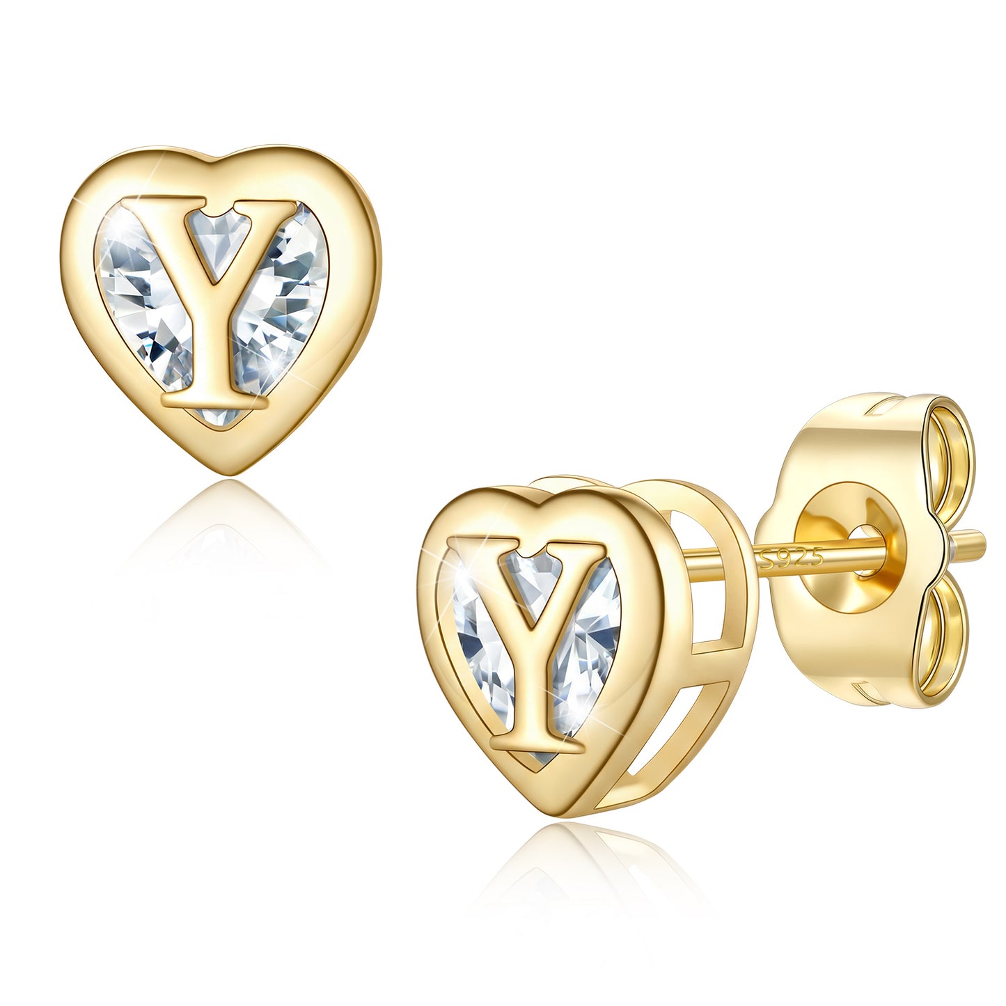 Heart Letter Initial Y Cubic Zirconia Stud Earrings