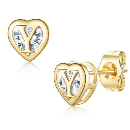 Heart Letter Initial Y Cubic Zirconia Stud Earrings