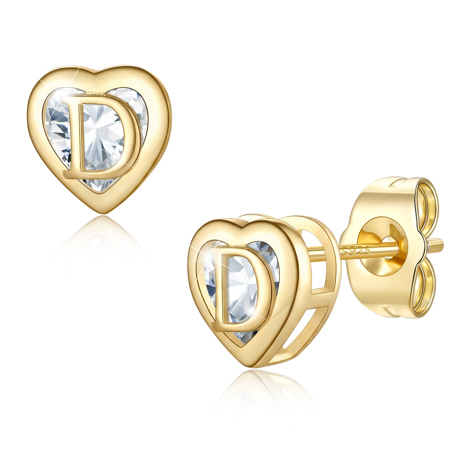 Heart Letter Initial d Cubic Zirconia Stud Earrings 