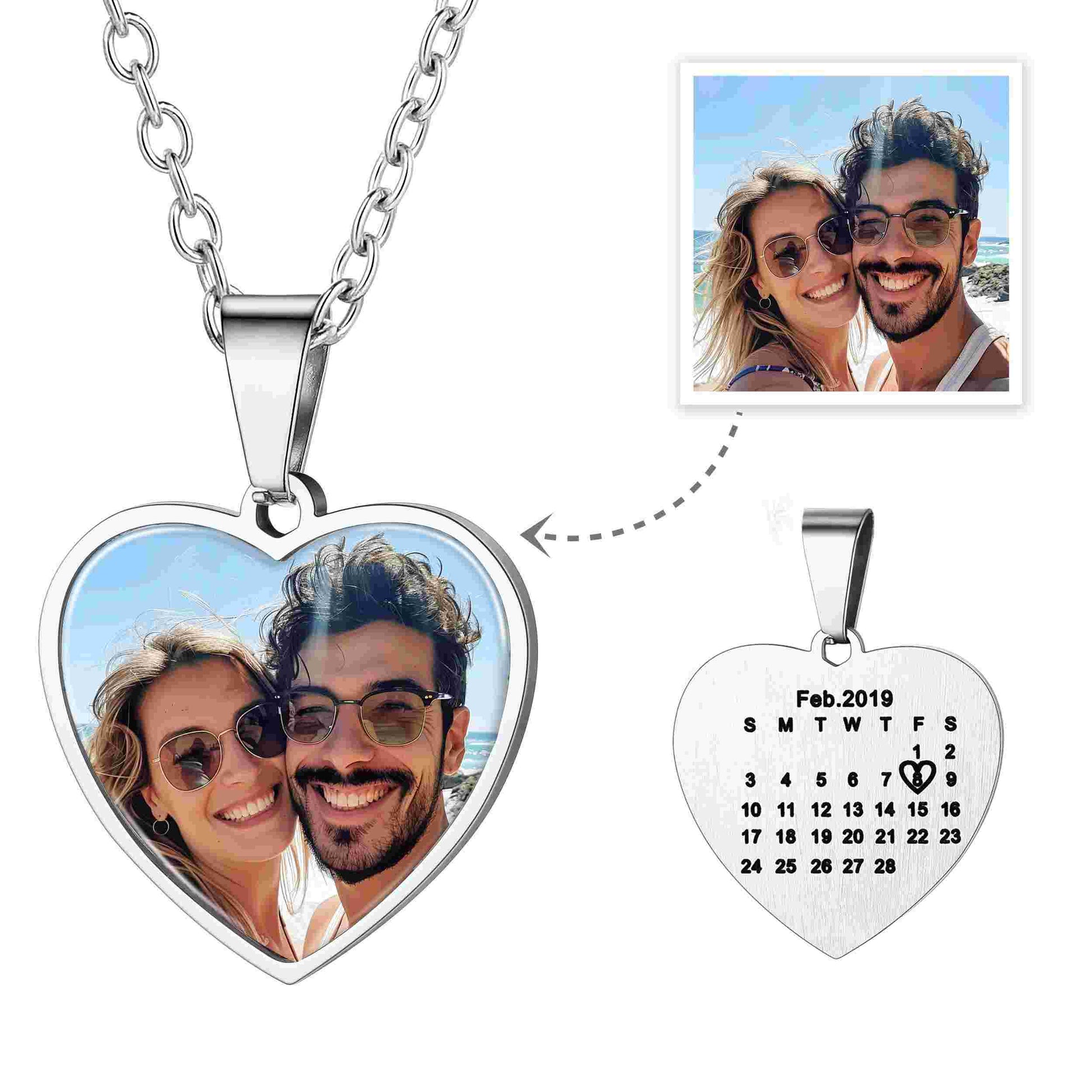 Personalized Heart Photo Pendant Necklace With Calendar