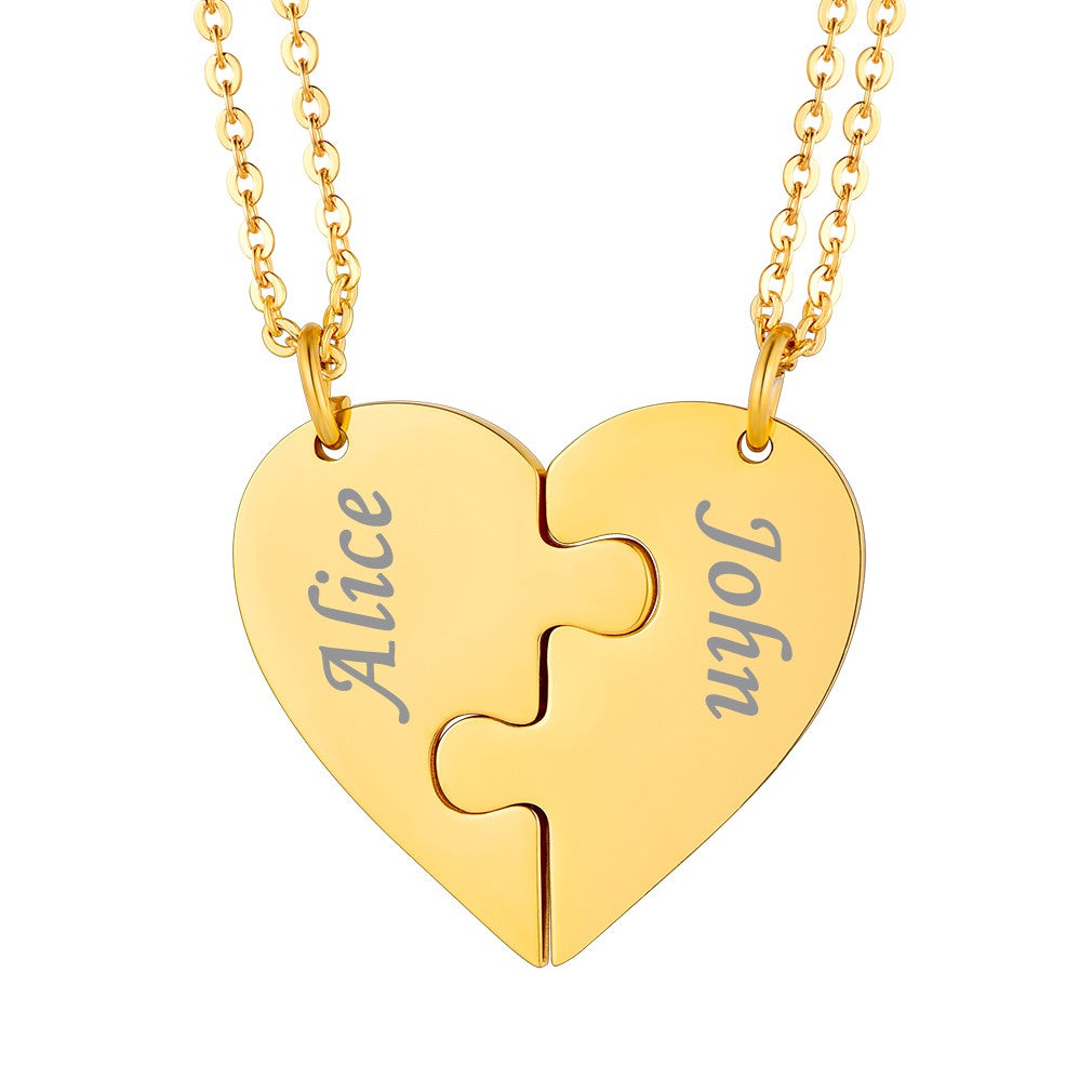 Custom Heart Puzzle Matching Couple Necklace Steel Gold