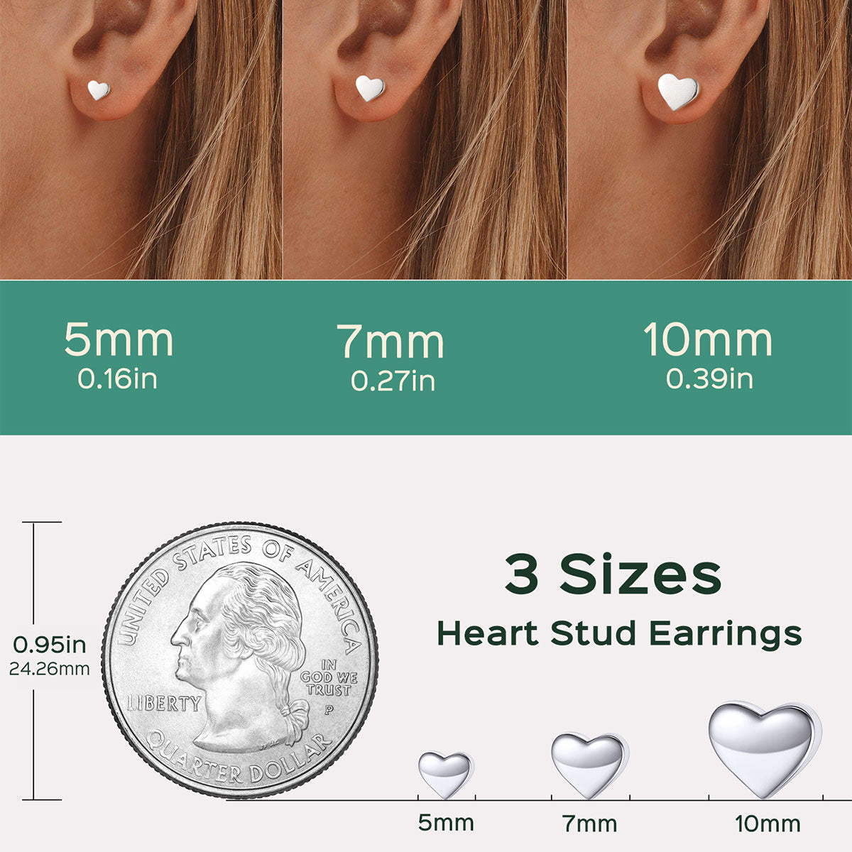 Heart stud earrings shown worn on a person's ear, with size comparisons labeled 5mm, 7mm, and 10mm, plus a coin and small heart earring size illustrations.