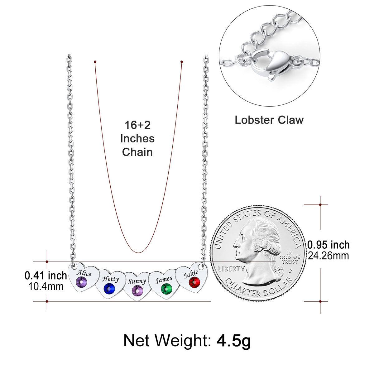  Hearts Name Birthstone Necklace Dimension