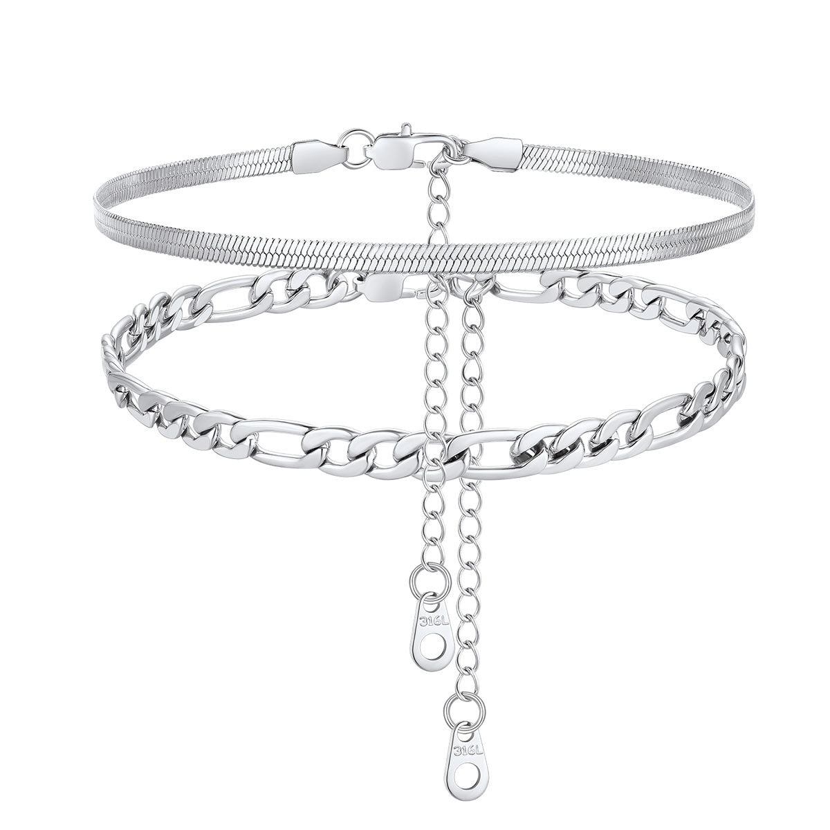 Herringbone Figaro Chain Layered Ankle Bracelet Set