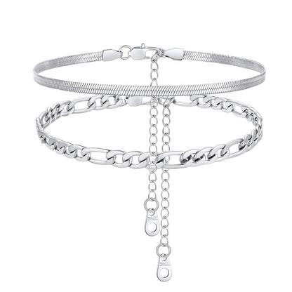 Herringbone Figaro Chain Layered Ankle Bracelet Set