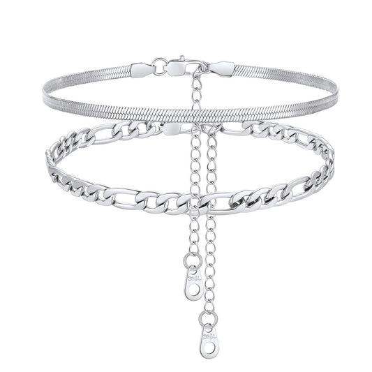 Herringbone Figaro Chain Layered Ankle Bracelet Set
