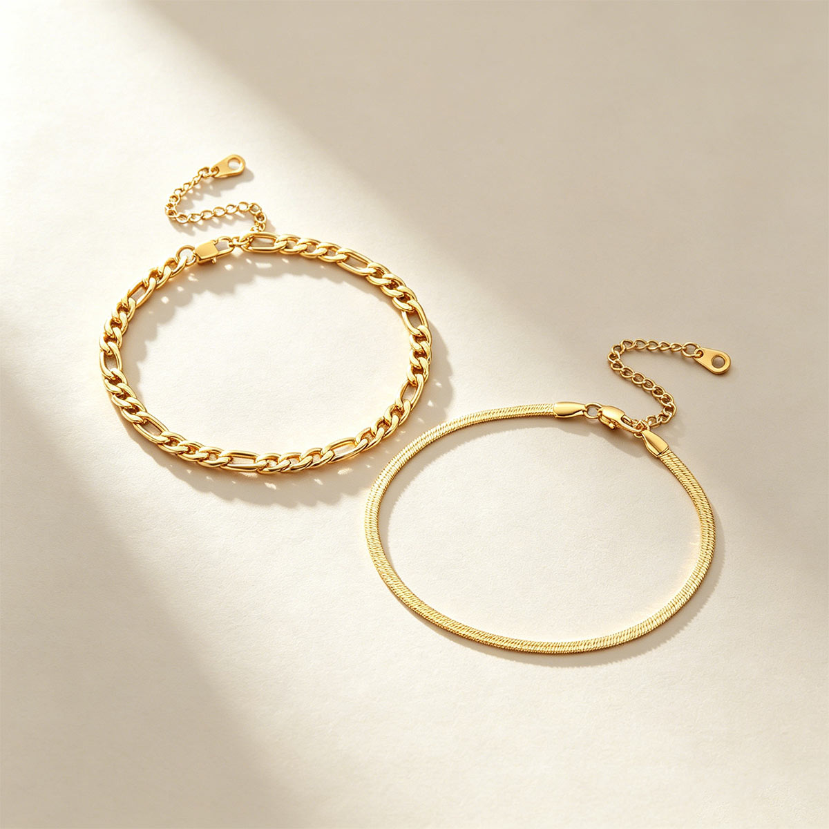 Herringbone Figaro Link Layered Ankle Bracelet Set