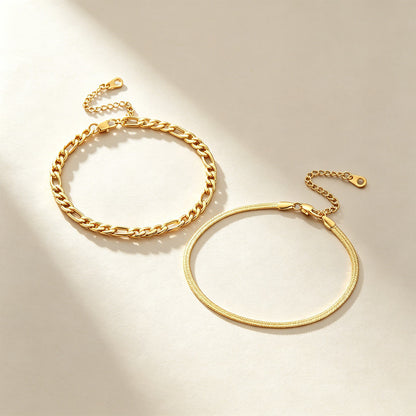 Herringbone Figaro Link Layered Ankle Bracelet Set
