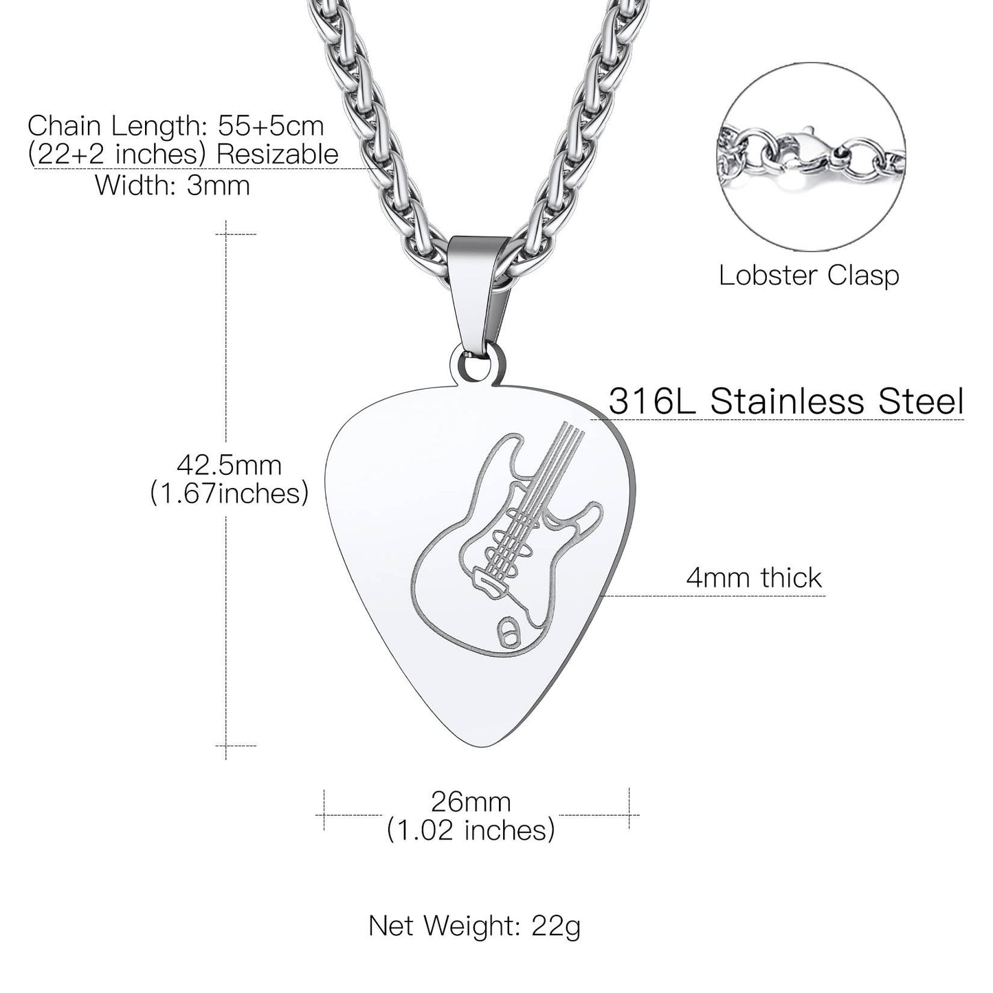 Hip Hop Punk Guitar Pick Necklace Dimension, Durable