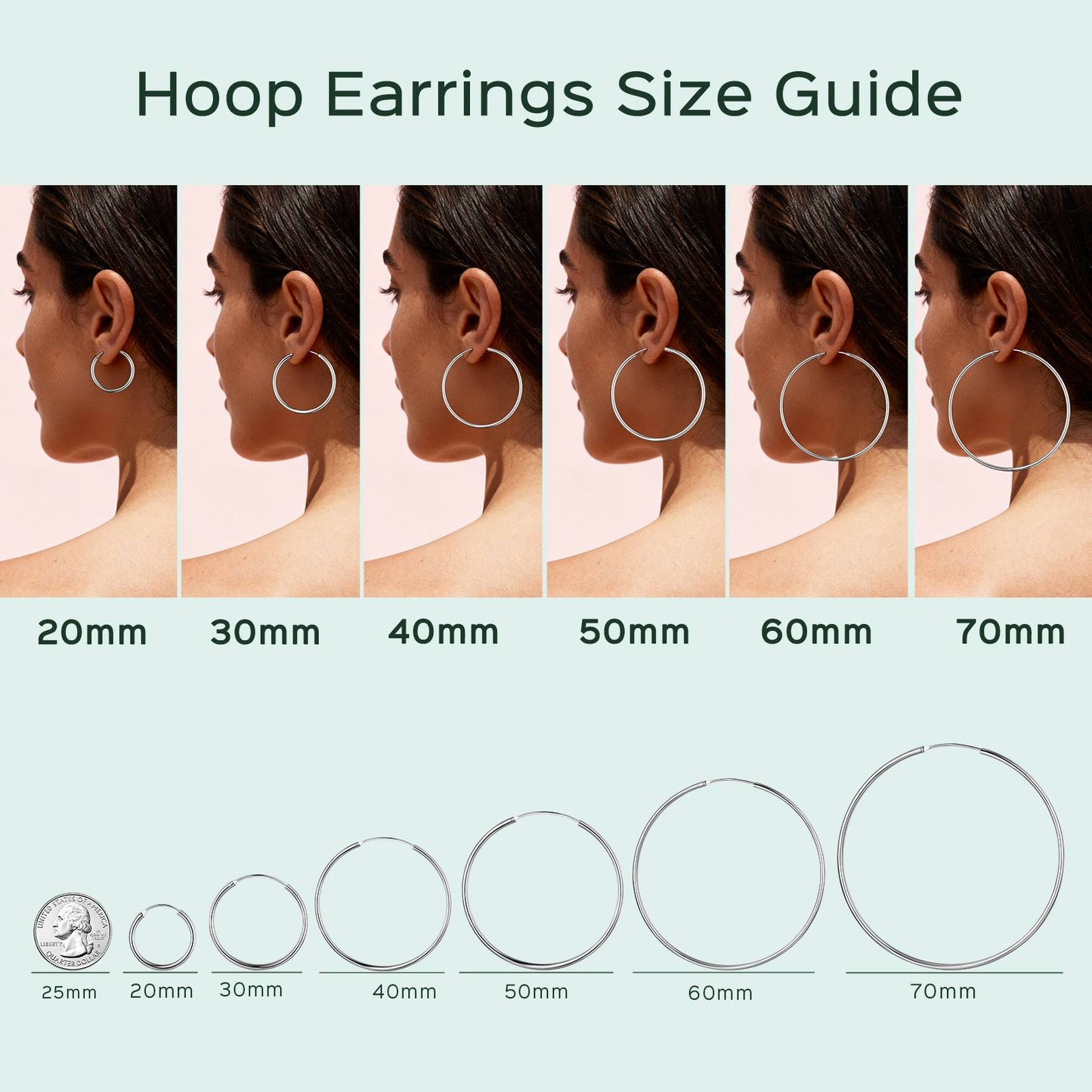 Hoop earrings size guide with measurements on a light pink background