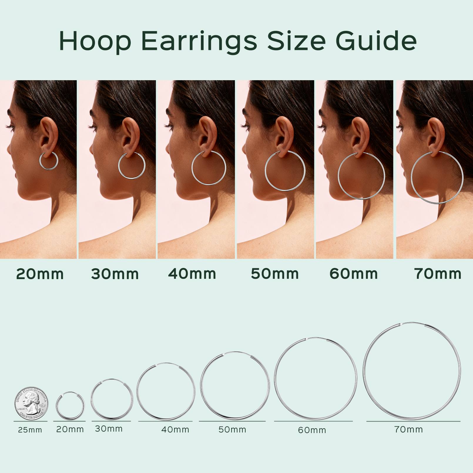 Hoop earrings size guide with measurements on a light pink background