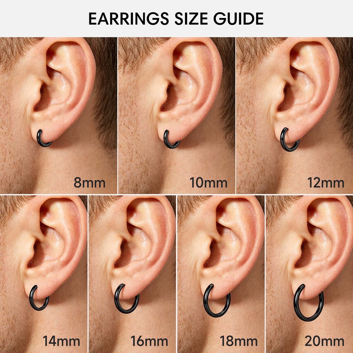 Huggie Earring size guide showing different hoop sizes on ears