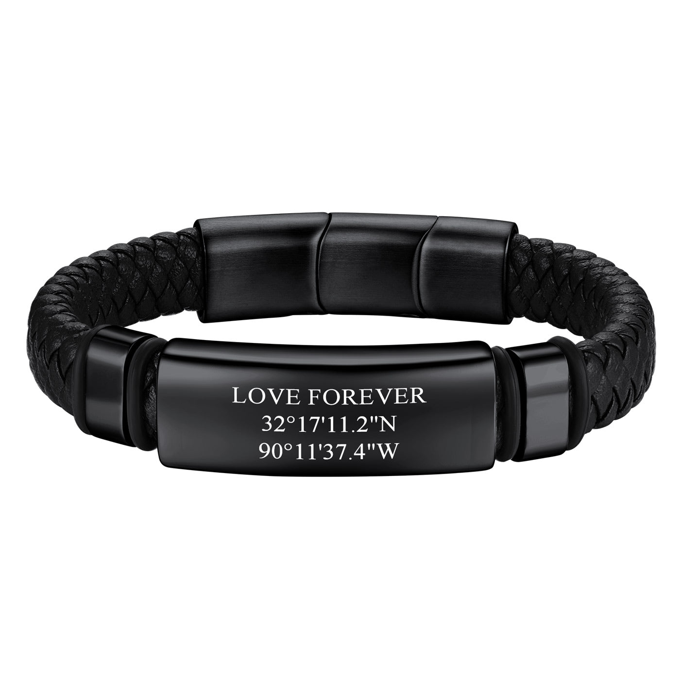 ID Braided Leather Bracelet for Men Black Plated