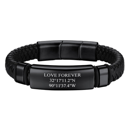 ID Braided Leather Bracelet for Men Black Plated
