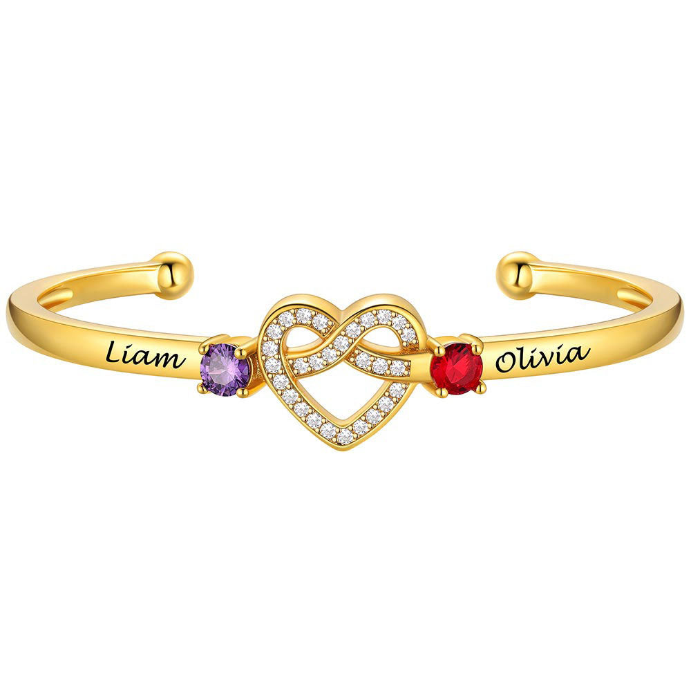 Infinity Love Heart Birthstone Cuff Bracelet in 925 Sterling Silver gold