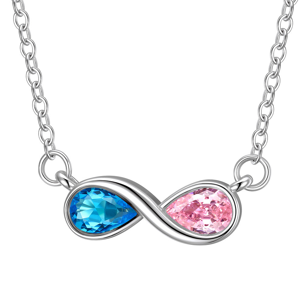 Infinity necklace with blue and pink gemstones on a white background
