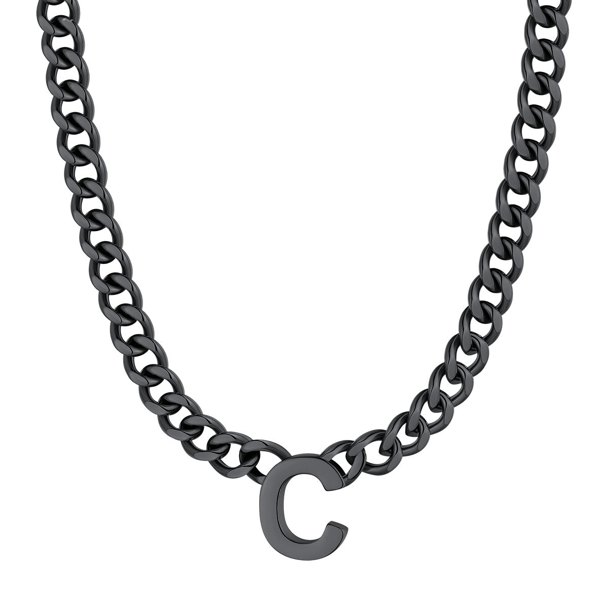 Initial C Cuban Chain Necklace Black Plated