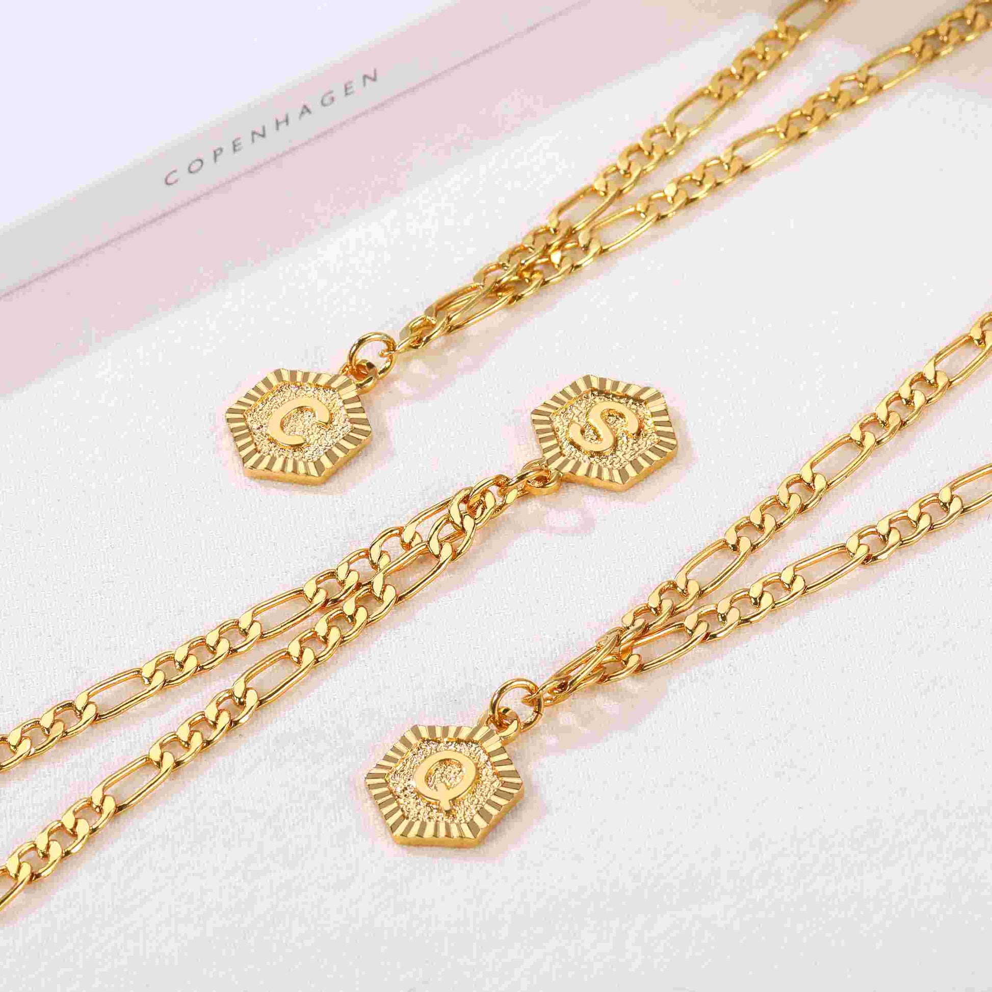 Initial Charm Figaro Chain Necklace with different initial