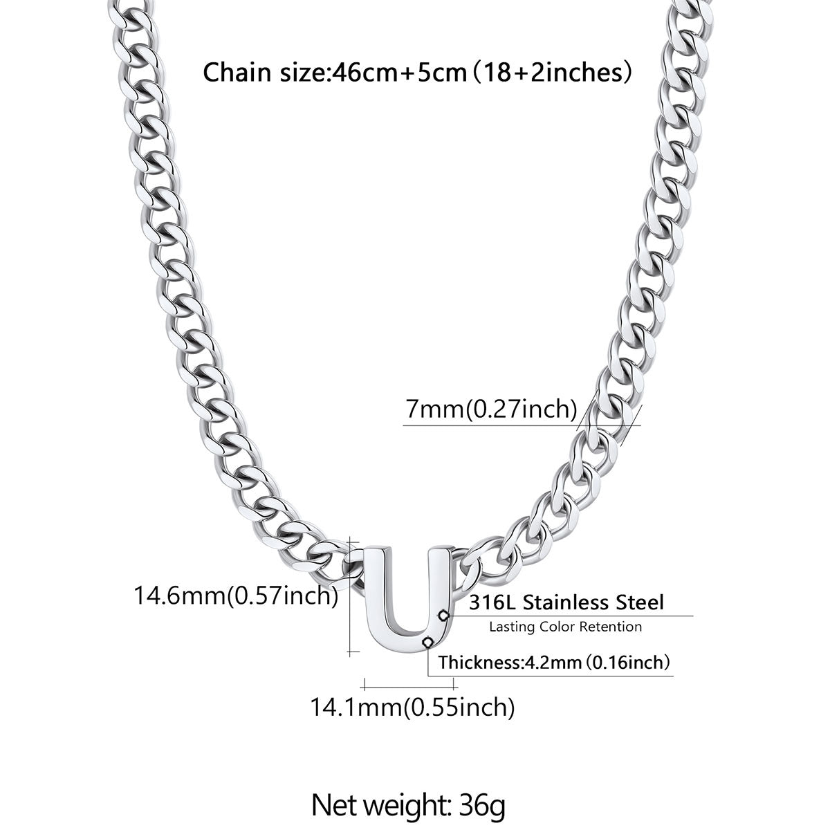 Initial Cuban Chain Necklace: Dimension, Durable Solid