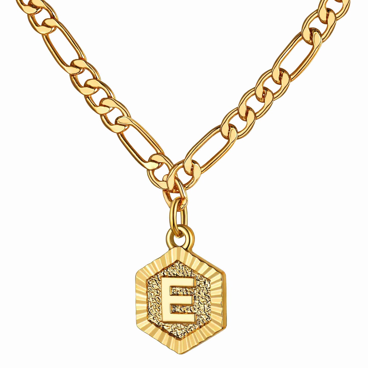 Initial E Charm Figaro Chain Necklace