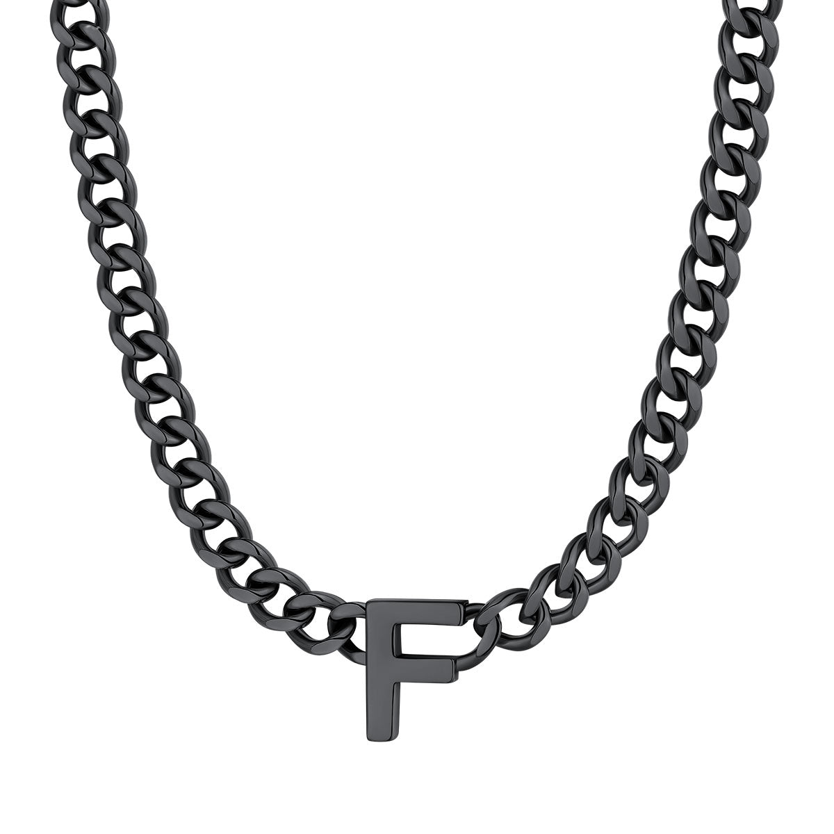 Initial F Cuban Chain Necklace Black Plated