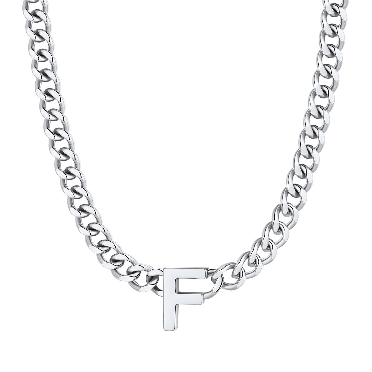 Initial F Cuban Chain Necklace Stainless Steel