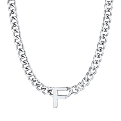 Initial F Cuban Chain Necklace Stainless Steel