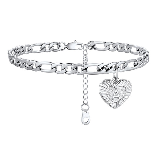 Initial Heart Charm Figaro Anklet for Women