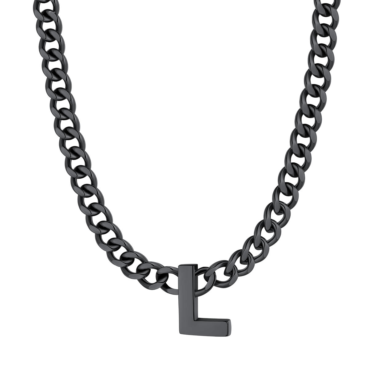 Initial L Cuban Chain Necklace Black Plated