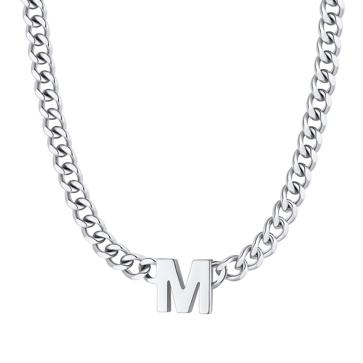 Initial M Cuban Chain Necklace Stainless Steel