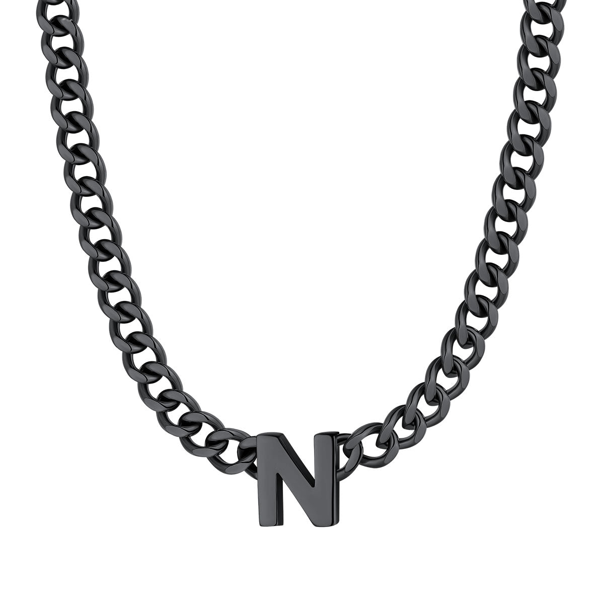 Initial N Cuban Chain Necklace Black Plated