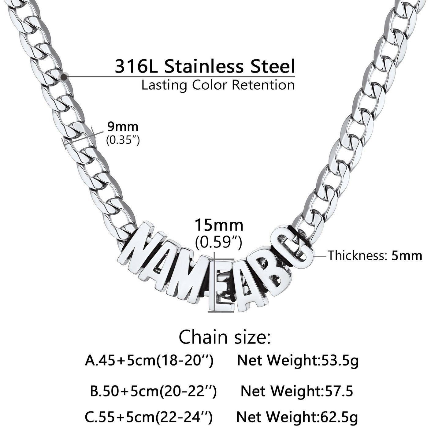 Initial Name Cuban Chain Necklace Dimension, Durable, Solid