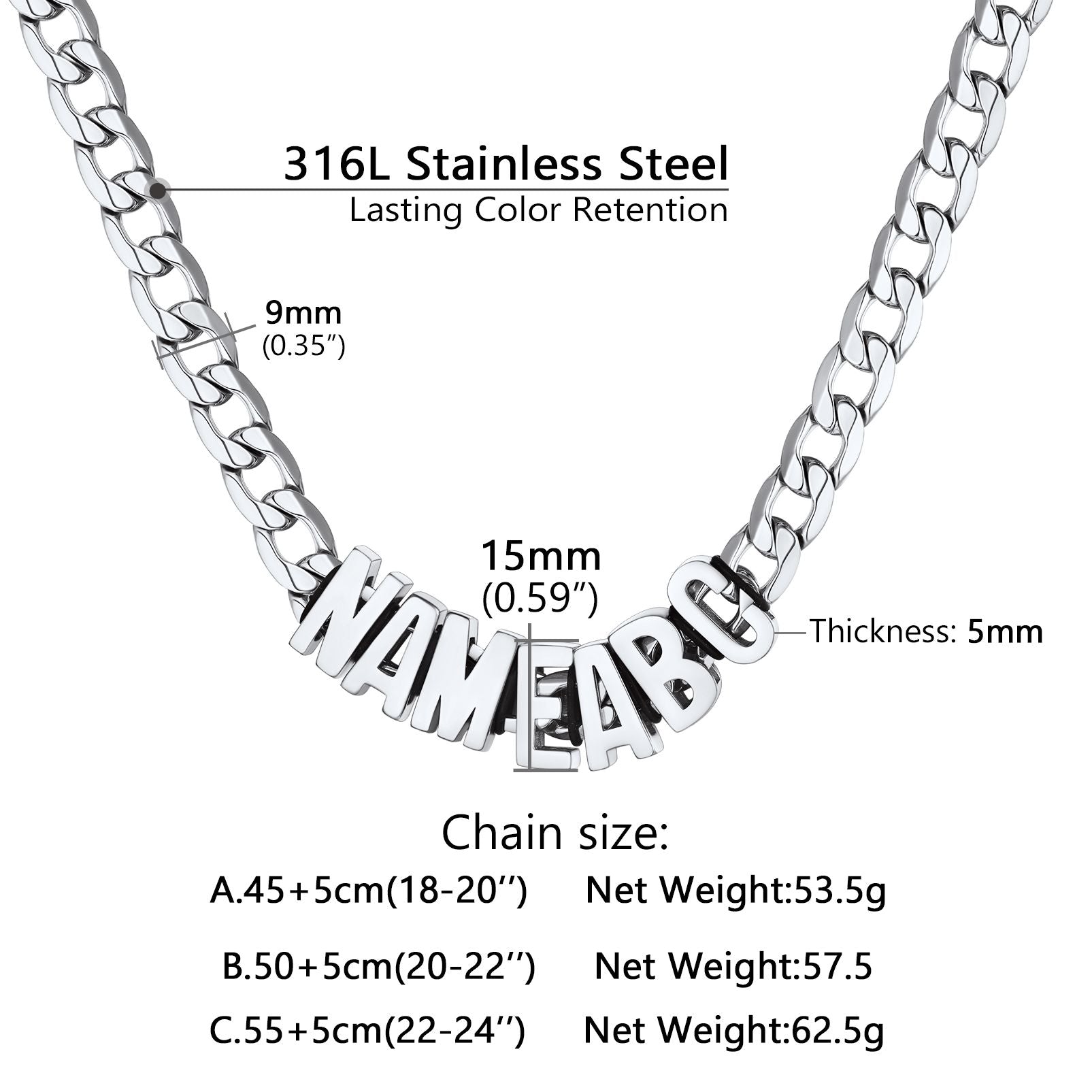 Initial Name Cuban Chain Necklace Dimension, Durable, Solid