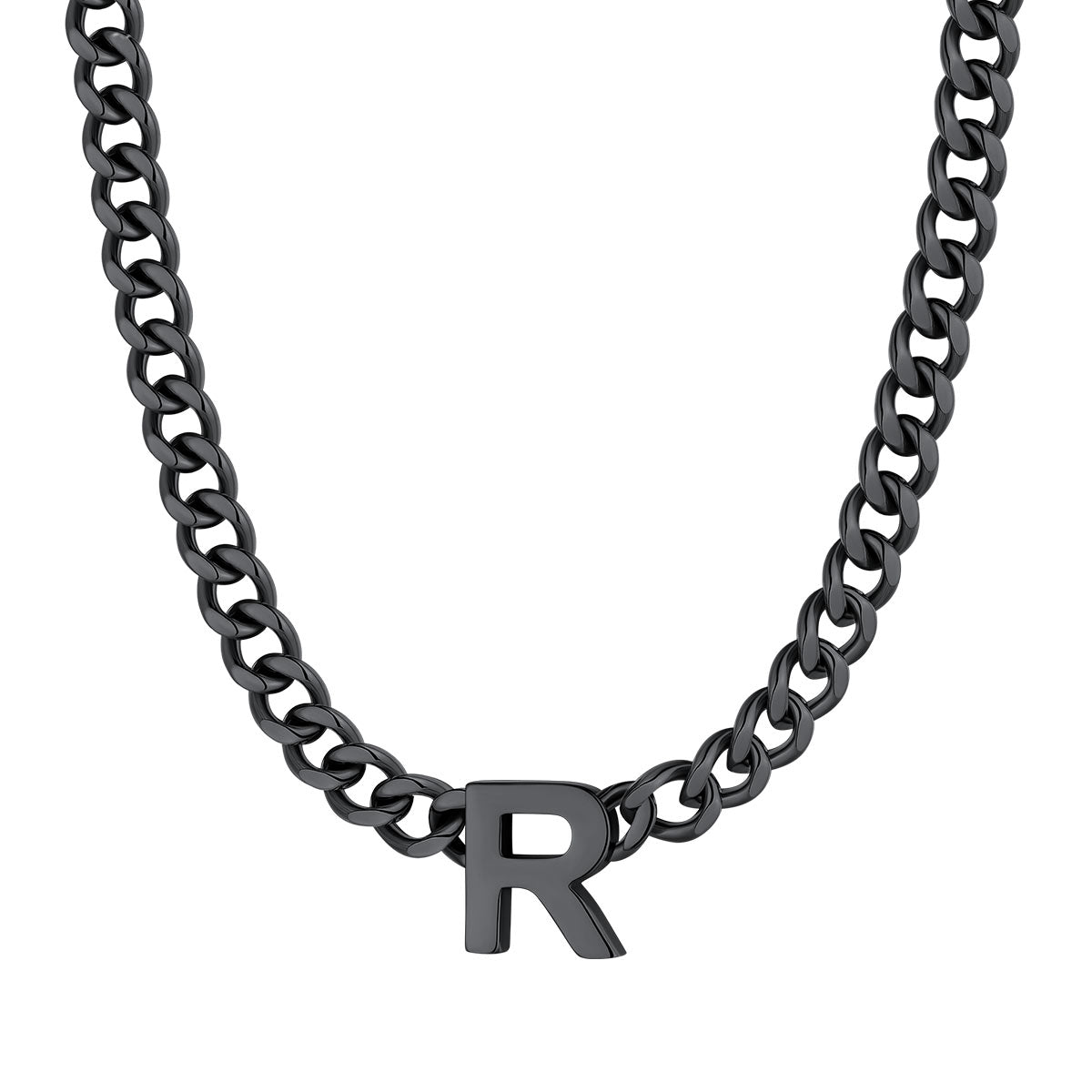 Initial R Cuban Chain Necklace Black Plated