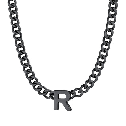Initial R Cuban Chain Necklace Black Plated