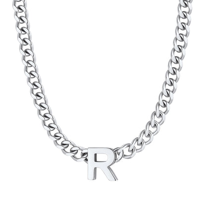 Initial R Cuban Chain Necklace Stainless Steel