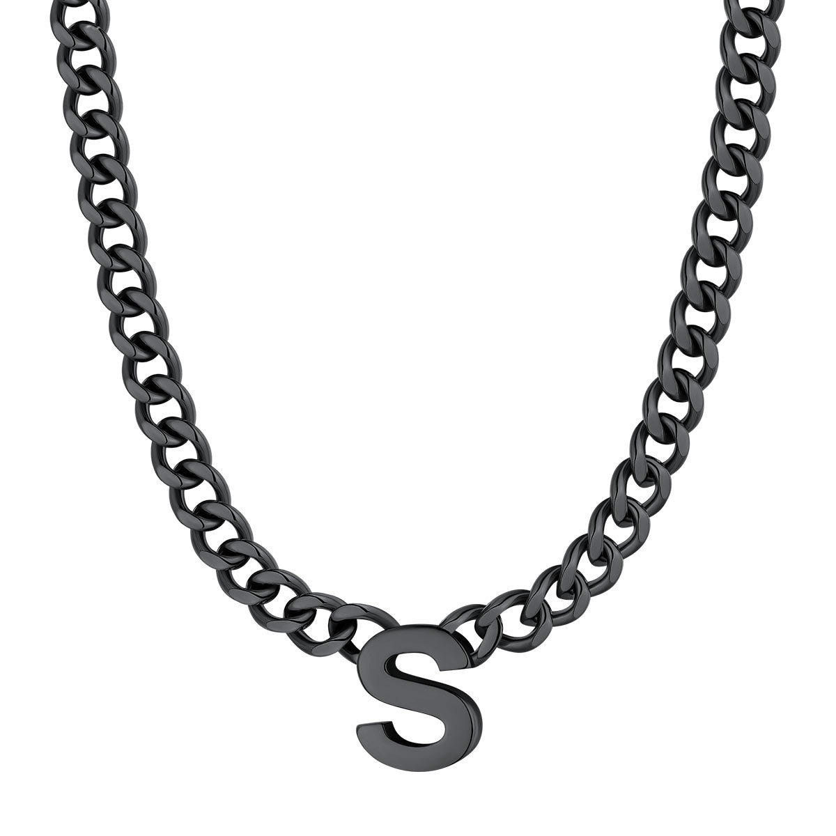 Initial S Cuban Chain Necklace Black Plated
