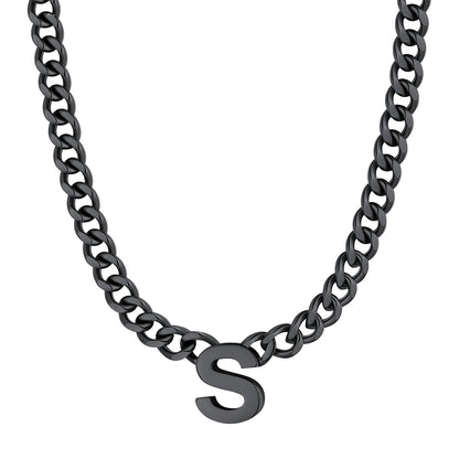Initial S Cuban Chain Necklace Black Plated