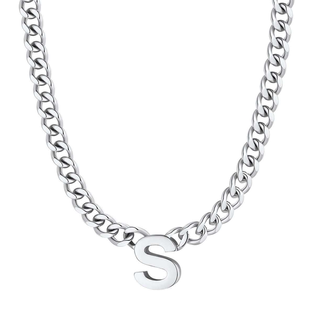 Initial S Cuban Chain Necklace Stainless Steel