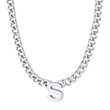 Initial S Cuban Chain Necklace Stainless Steel
