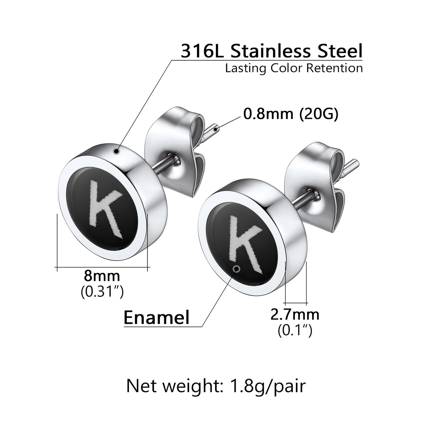Initial Stud Earrings with letter Dimension, Solid, Durable