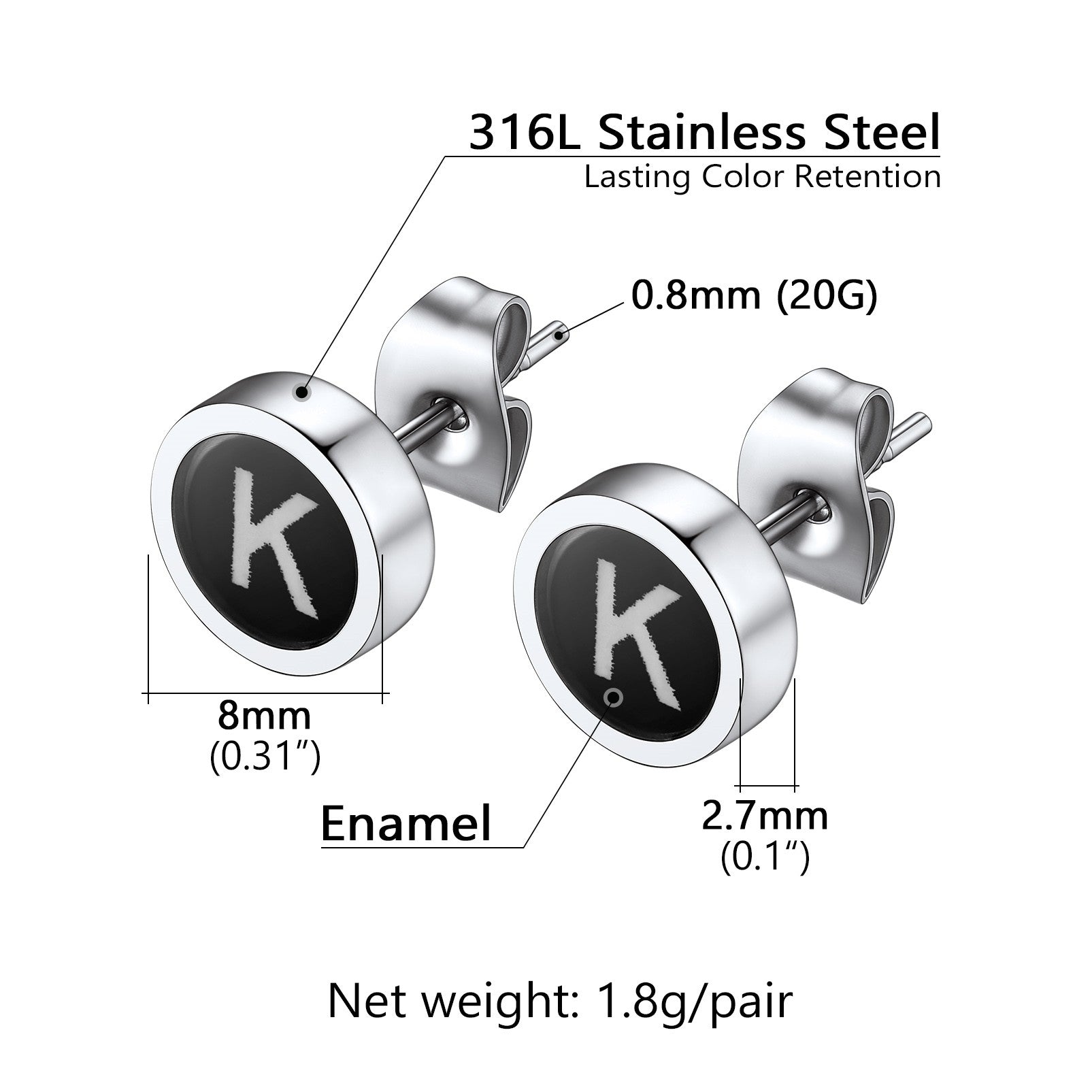 Initial Stud Earrings with letter Dimension, Solid, Durable