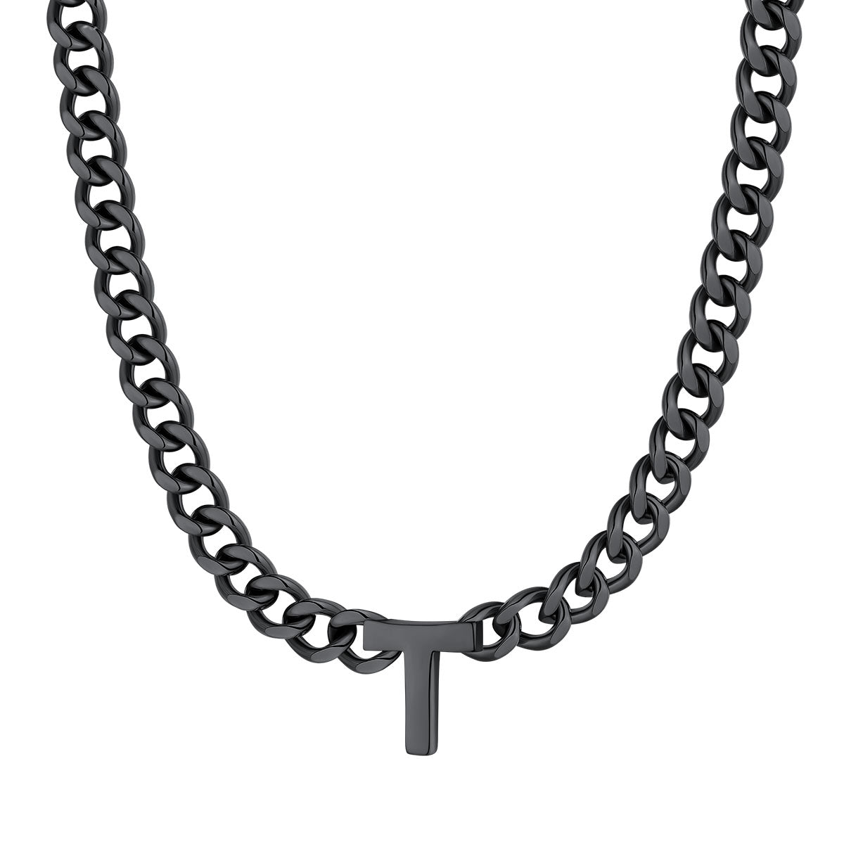 Initial T Cuban Chain Necklace Black Plated