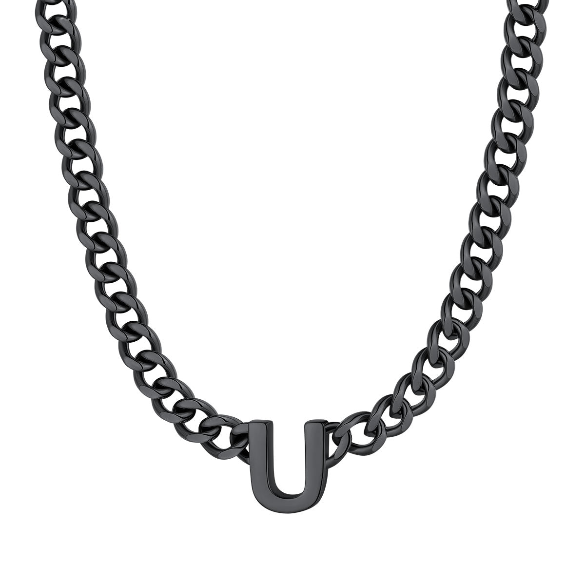 Initial U Cuban Chain Necklace Black Plated